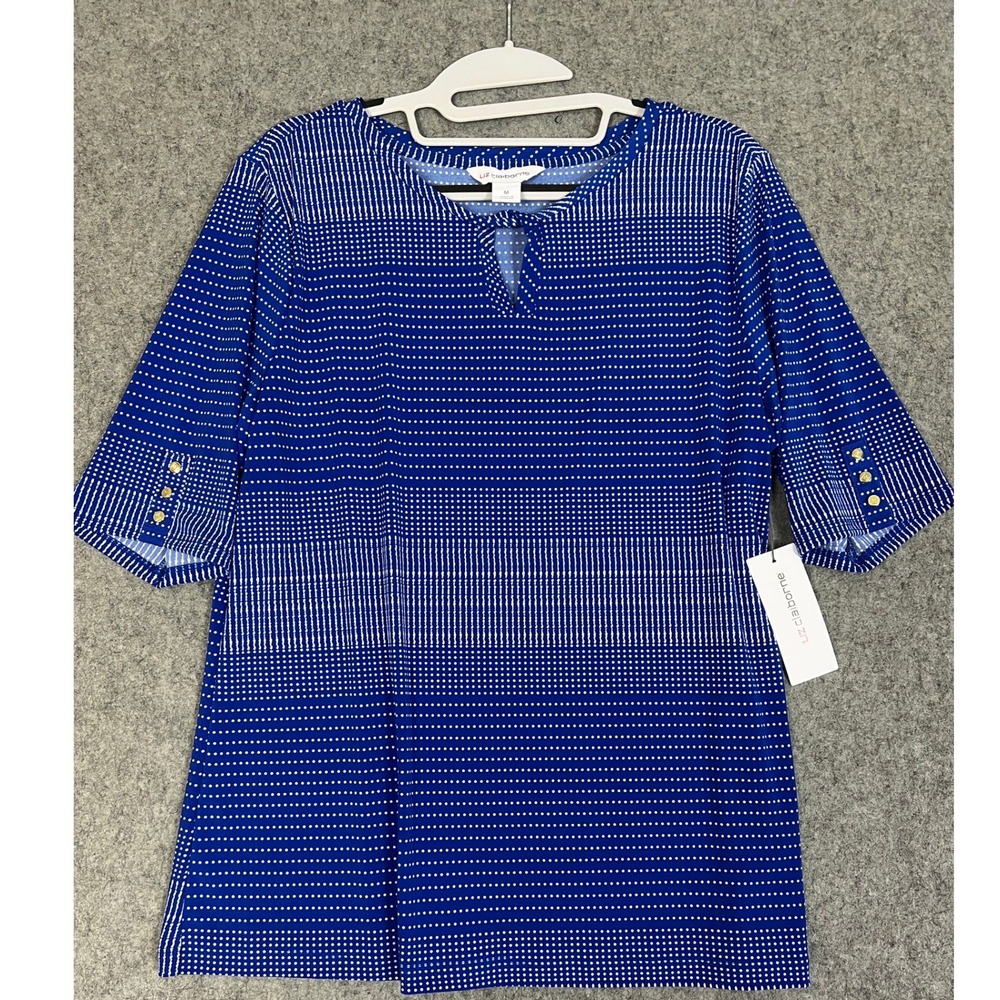 Liz Claiborne Womens Blue White Dot Keyhole Top Gold Button Accent‎ Medium NWT